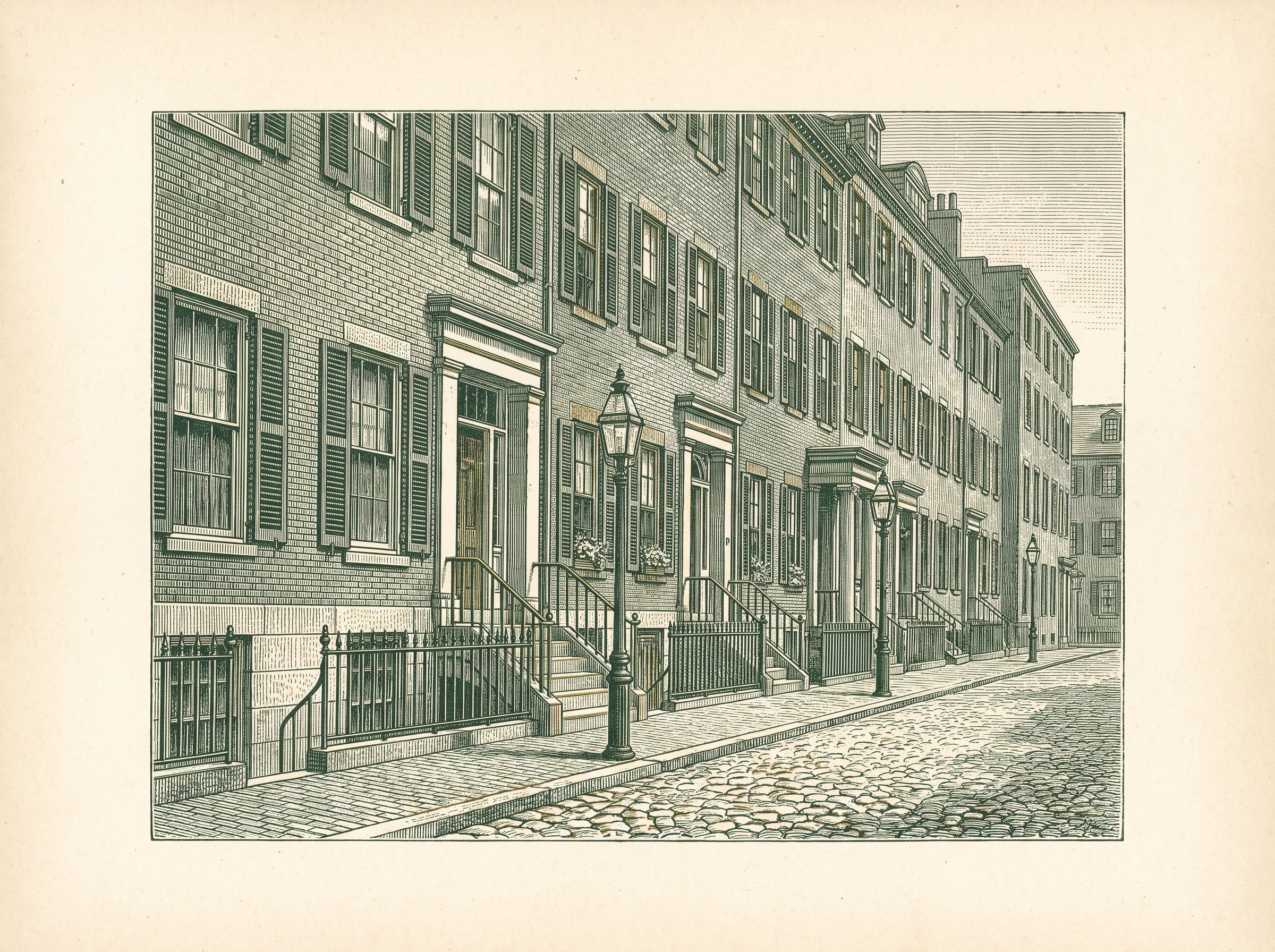 Vintage-style engraving of a historic Beacon Hill street in Boston, Massachusetts