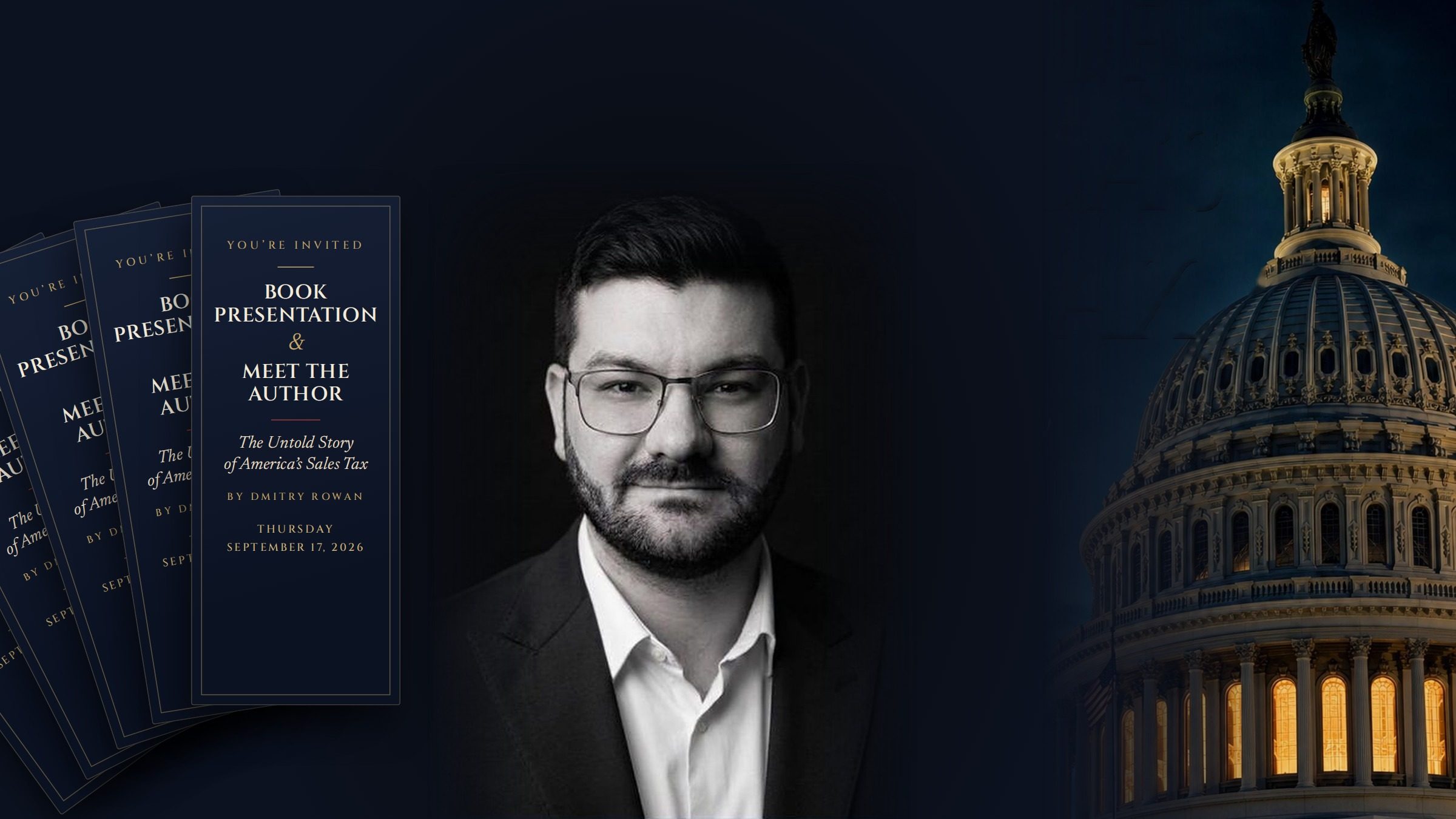 Invitations to the book celebration for The Untold Story of America's Sales Tax