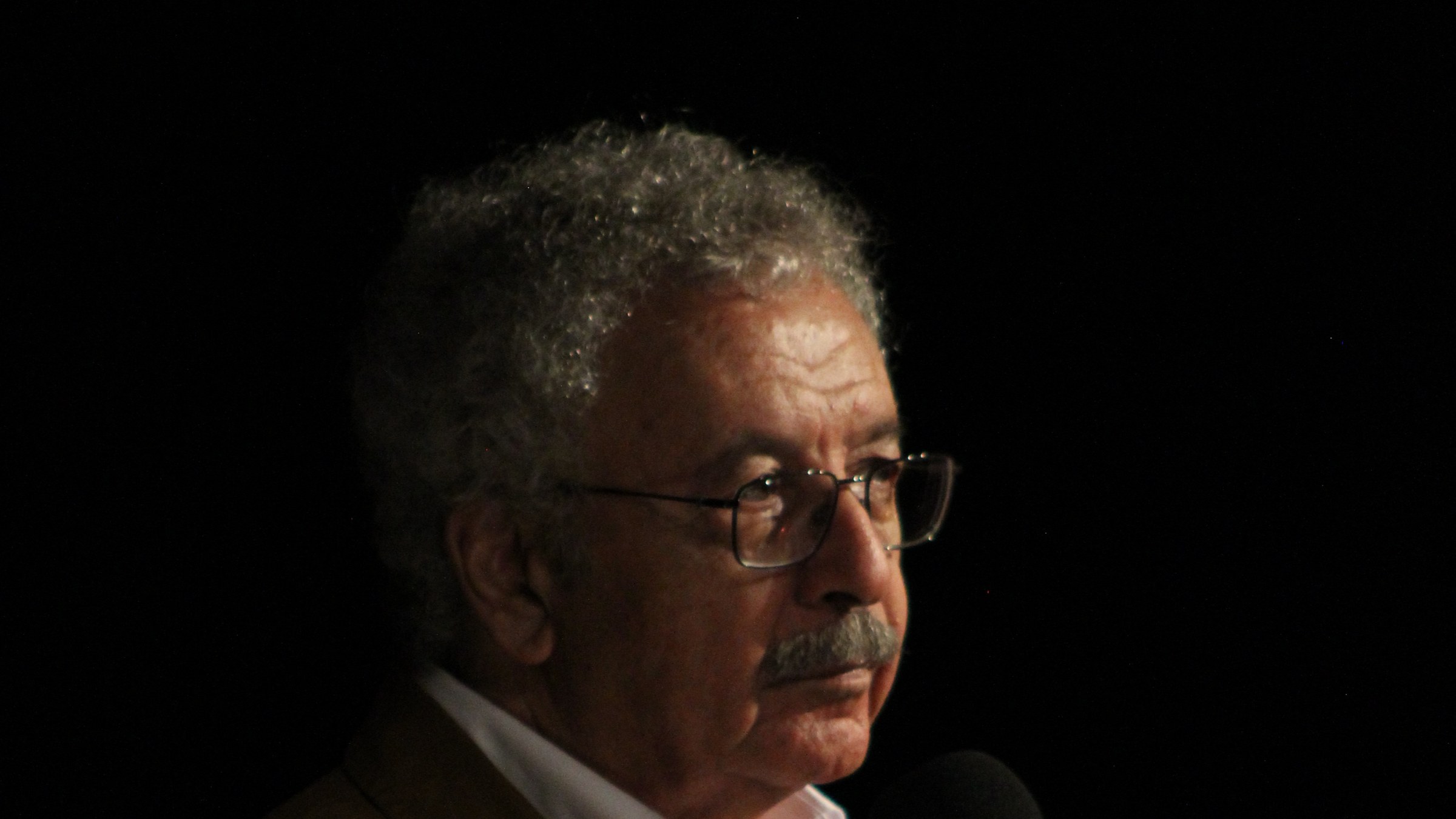 Ibrahim Nasrallah, a gray-haired man with glasses and a mustache, holding a microphone against a dark stage background